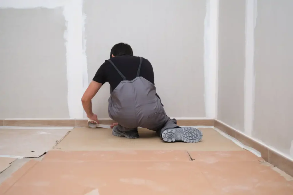 Painter using tape and cardboard to cover the floo 2023 11 27 05 07 11 utc